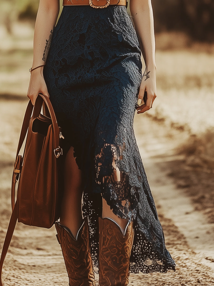 【Expédition en 24 heures】Robe midi sans manches en dentelle bleue bohème vintage