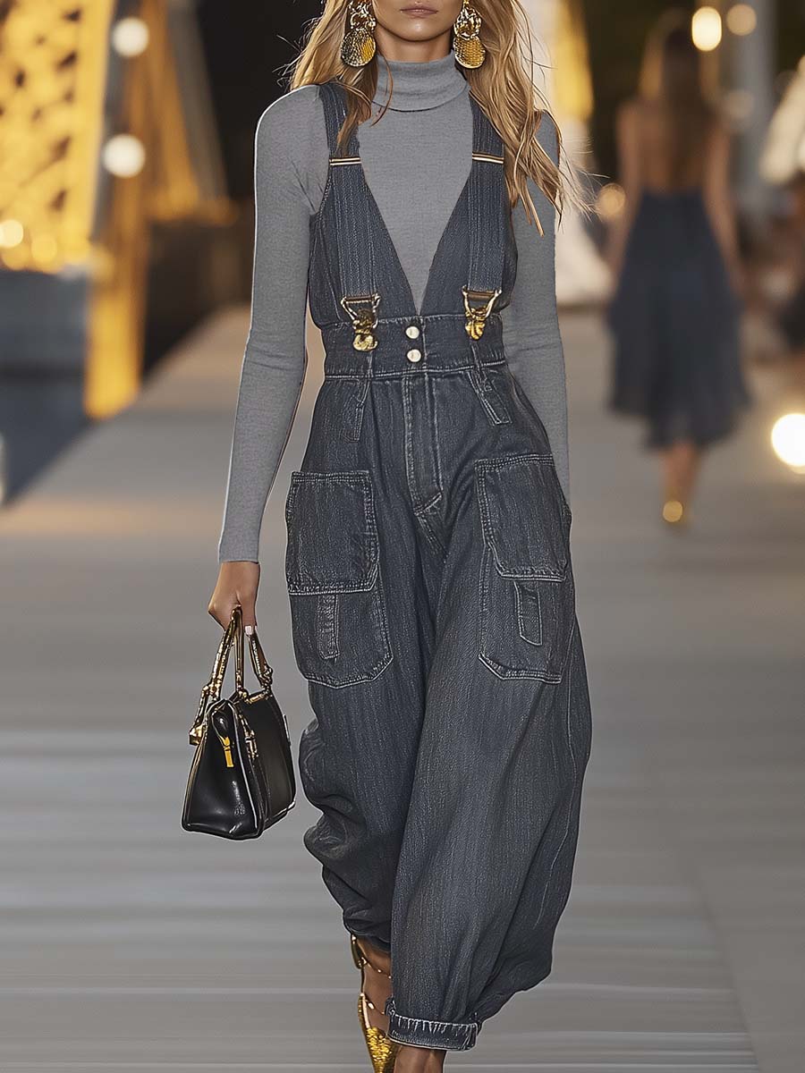 【24-hour shipping out】Fashion Personality Loose V-neck Suspender Denim Jumpsuit