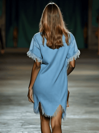 【Livraison en 24 heures】Robe mini en jean vintage décontractée ample à manches courtes avec franges