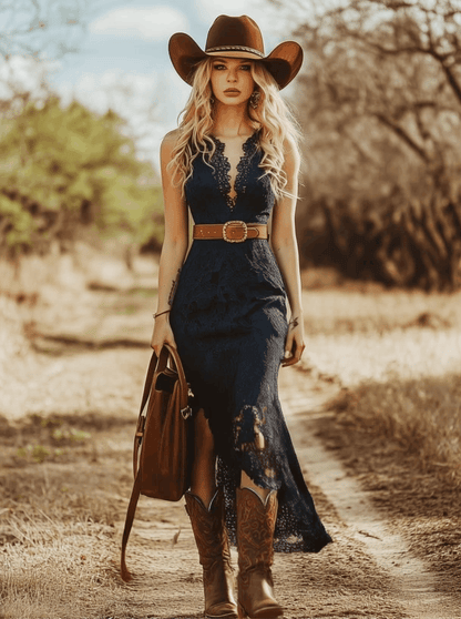 【Expédition en 24 heures】Robe midi sans manches en dentelle bleue bohème vintage