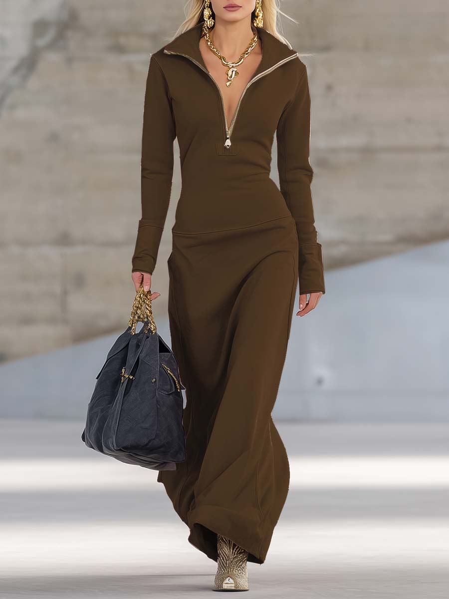 Robe maxi rose à col en V élégante, rétro, sportive, avec fermeture éclair devant et manches longues