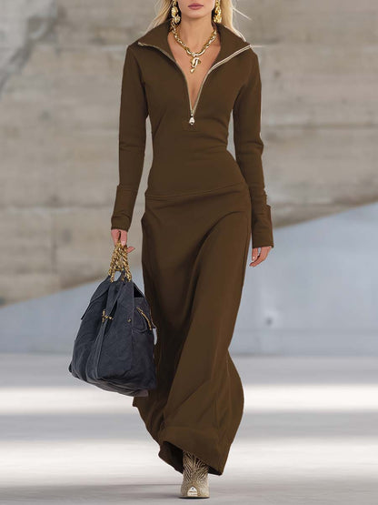 Robe maxi rose à col en V élégante, rétro, sportive, avec fermeture éclair devant et manches longues