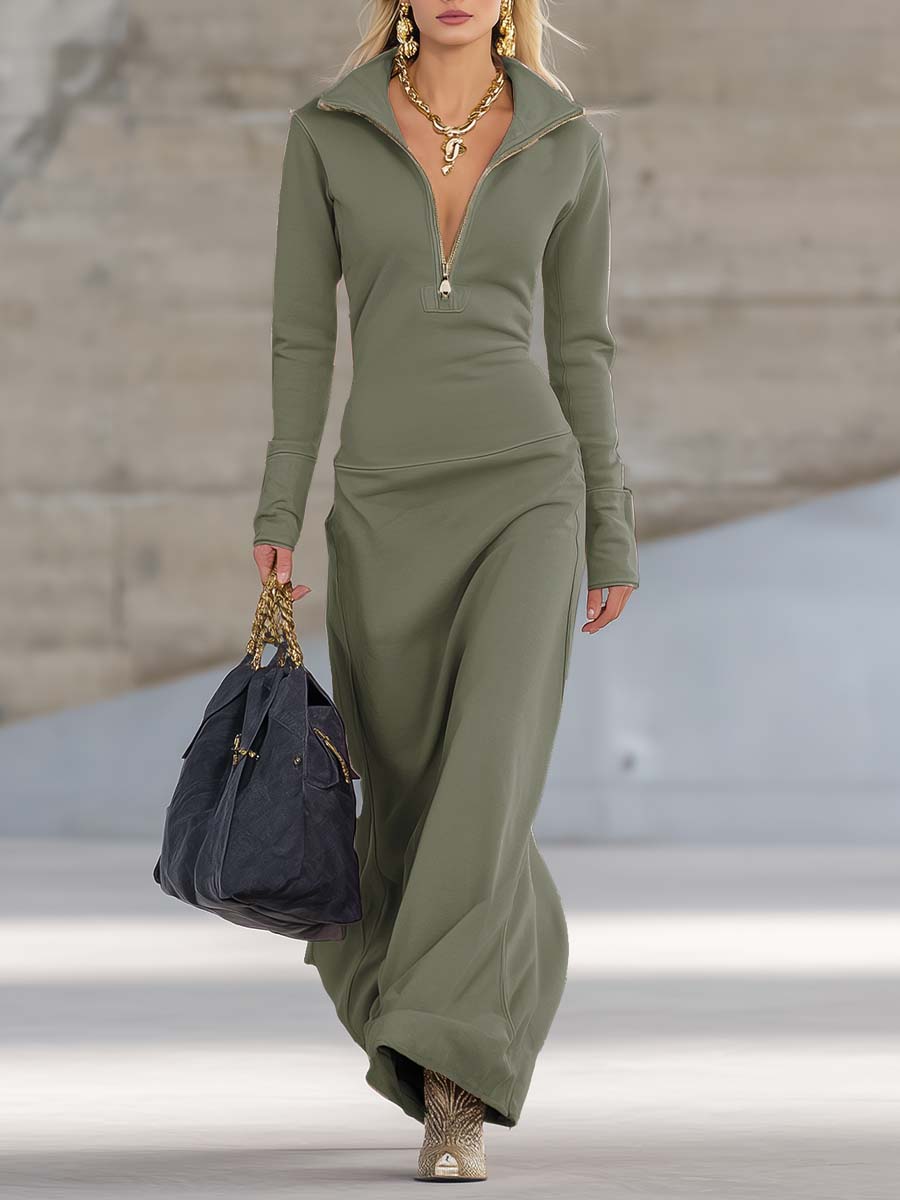 Robe maxi rose à col en V élégante, rétro, sportive, avec fermeture éclair devant et manches longues