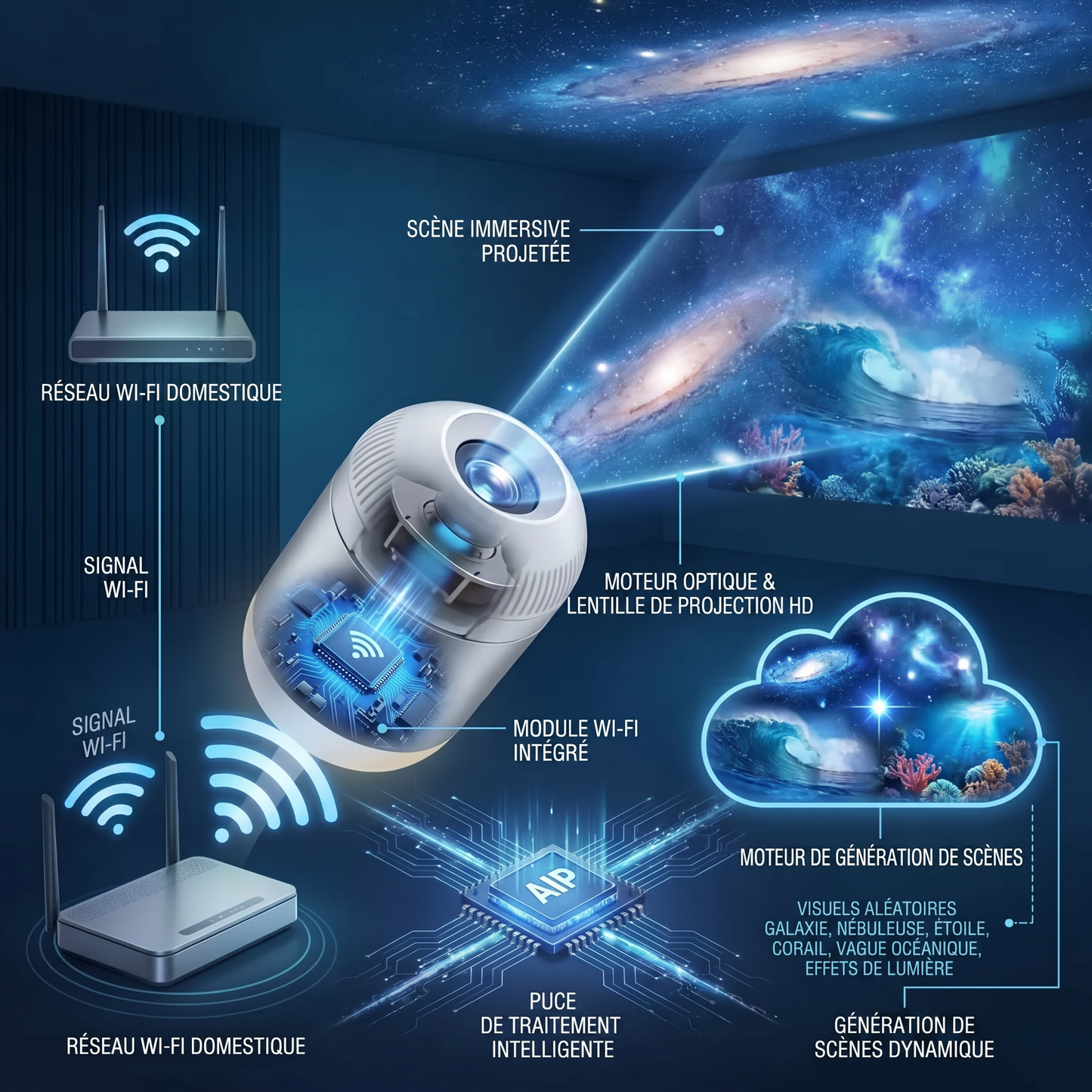 PKNEW® 🐉 Projecteur d'Ambiance 360° Effet Galaxie et Vagues d'Océan🥨