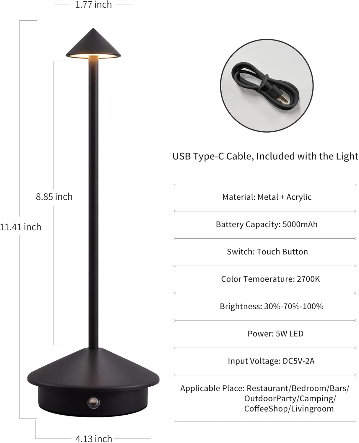 Set de 2 lampes de table modernes sans fil, lampes de bureau LED rechargeables, batterie 5000 mAh, veilleuse portable (noir).