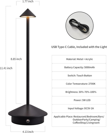 Set de 2 lampes de table modernes sans fil, lampes de bureau LED rechargeables, batterie 5000 mAh, veilleuse portable (noir).