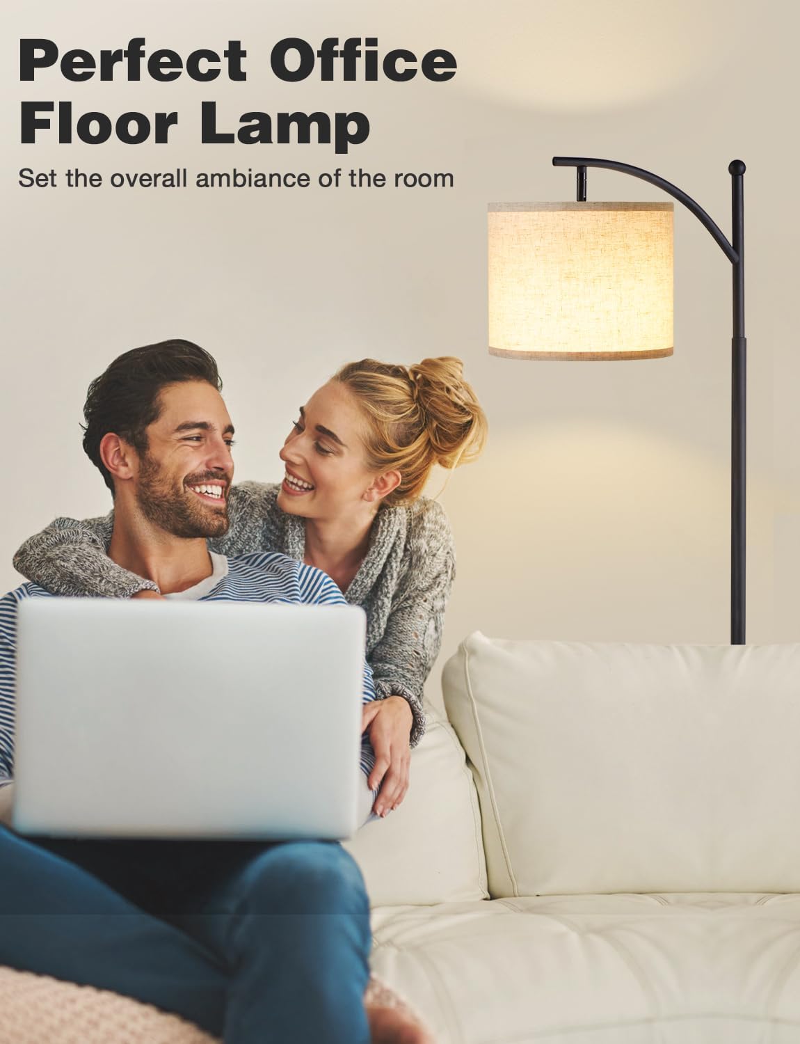 Lampadaire haut avec 3 températures de couleur – abat-jour en lin réglable, 60", pour salon, chambre, bureau et dortoir, ampoule incluse, beige et noir.