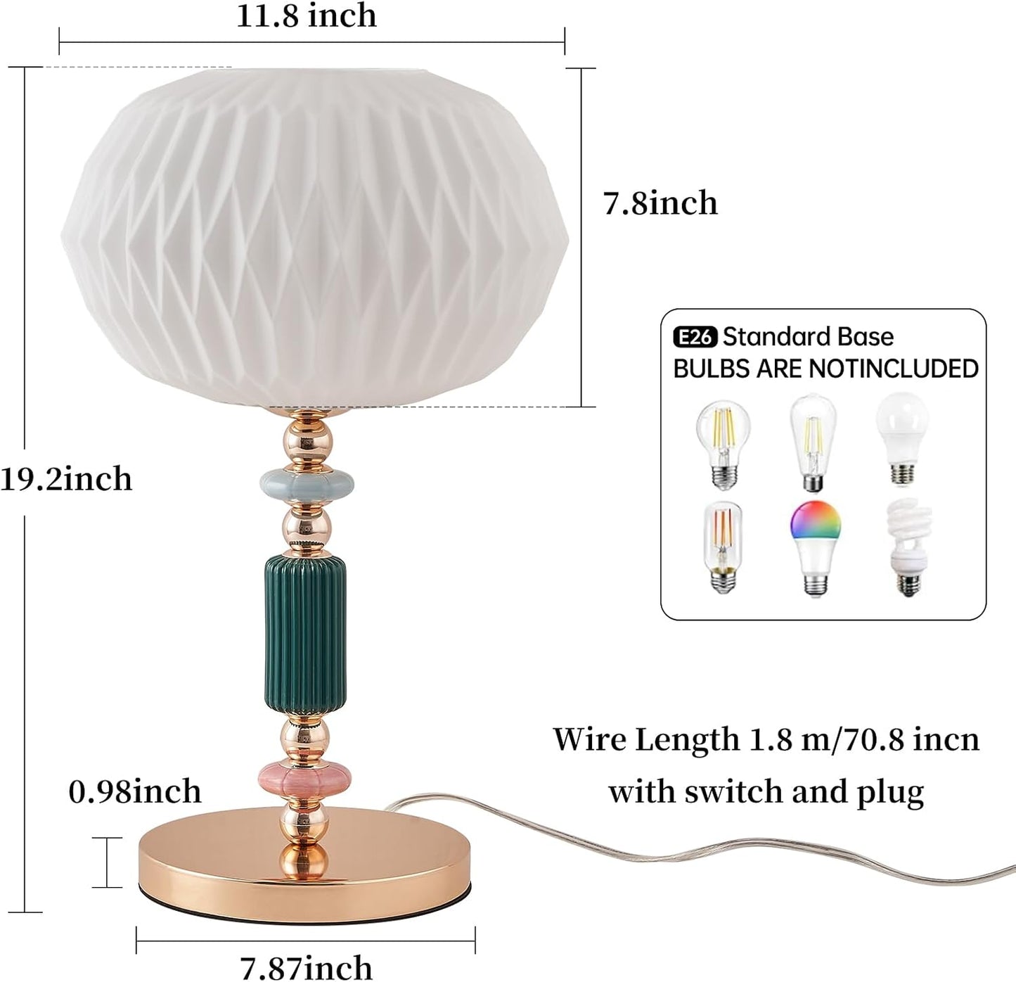 Lampe de table moderne avec abat-jour en verre blanc laiteux, lampe de bureau en métal avec cordon d’alimentation et interrupteur à prise, pour chambre et salon.