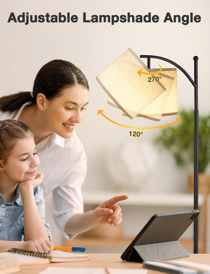Lampadaire haut avec 3 températures de couleur – abat-jour en lin réglable, 60", pour salon, chambre, bureau et dortoir, ampoule incluse, beige et noir.