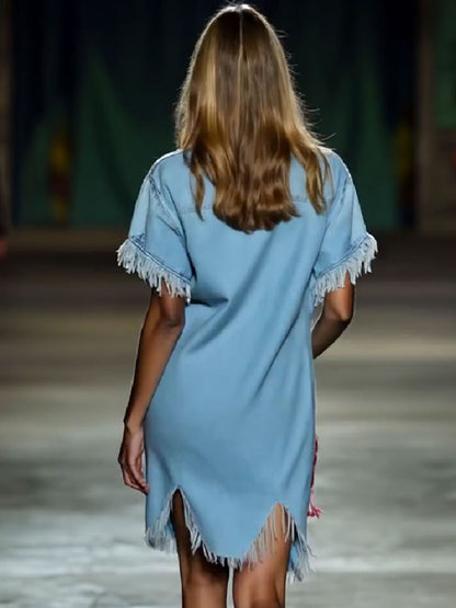 【Livraison en 24 heures】Robe mini en jean vintage décontractée ample à manches courtes avec franges