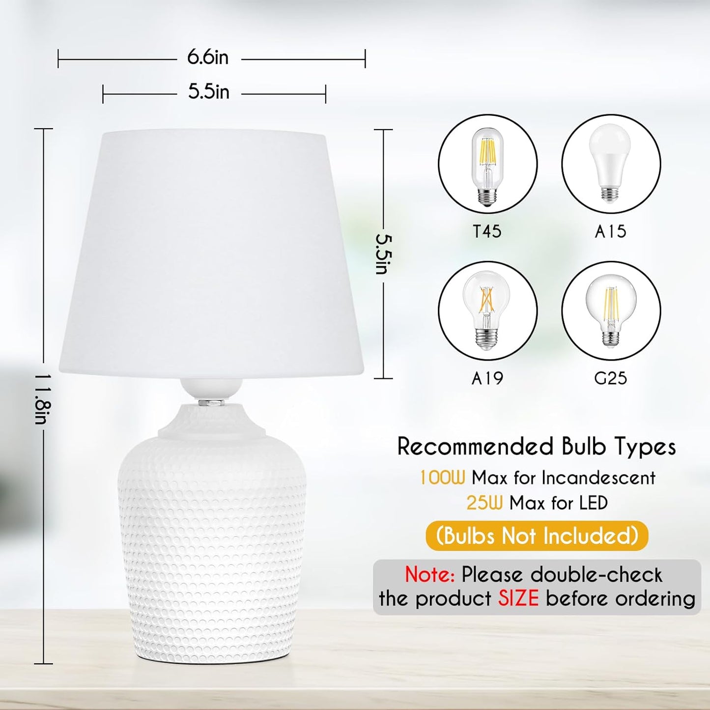 Lot de 2 petites lampes de table – lampes de chevet 11,8" pour chambre, chambre d’enfant, salon et bureau, base blanche à motif clouté.