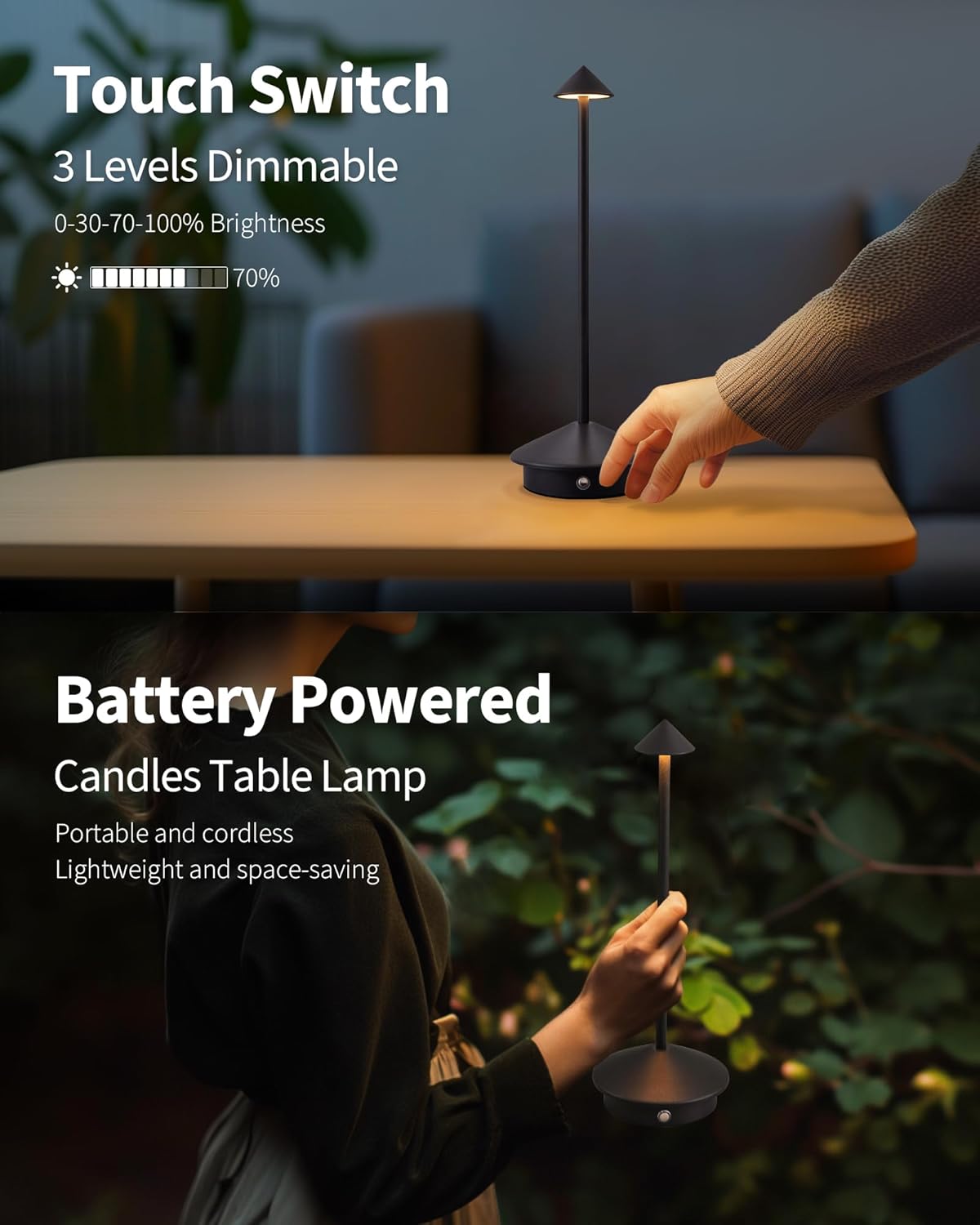 Set de 2 lampes de table modernes sans fil, lampes de bureau LED rechargeables, batterie 5000 mAh, veilleuse portable (noir).