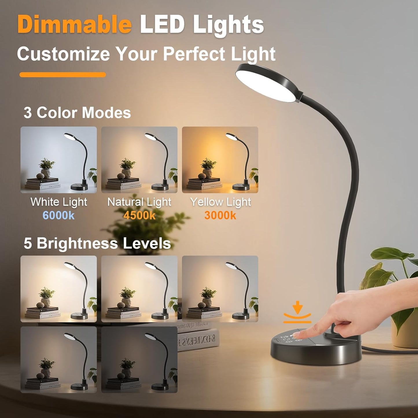 Bras de lampe flexible à col de cygne avec base, lampe de lecture protectrice pour les yeux, adaptée à la maison, au bureau, à la chambre et à la salle d’étude.