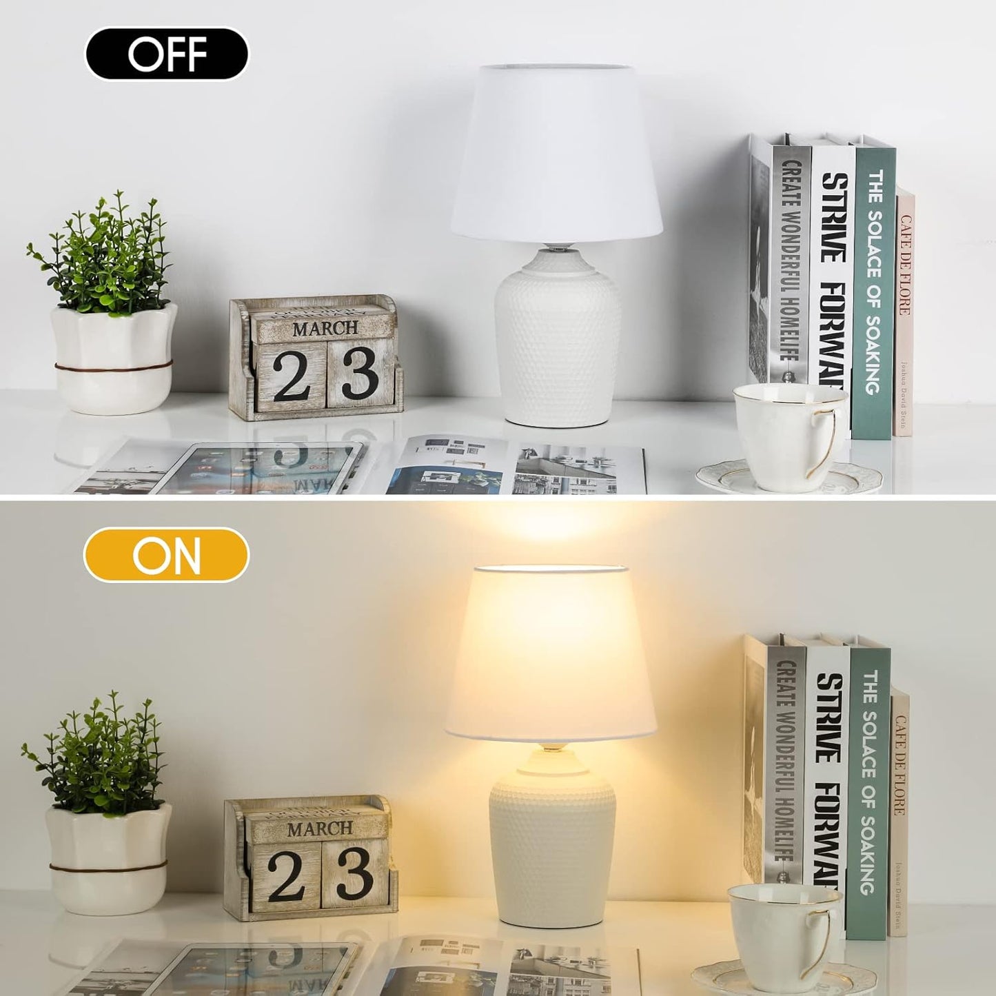 Lot de 2 petites lampes de table – lampes de chevet 11,8" pour chambre, chambre d’enfant, salon et bureau, base blanche à motif clouté.