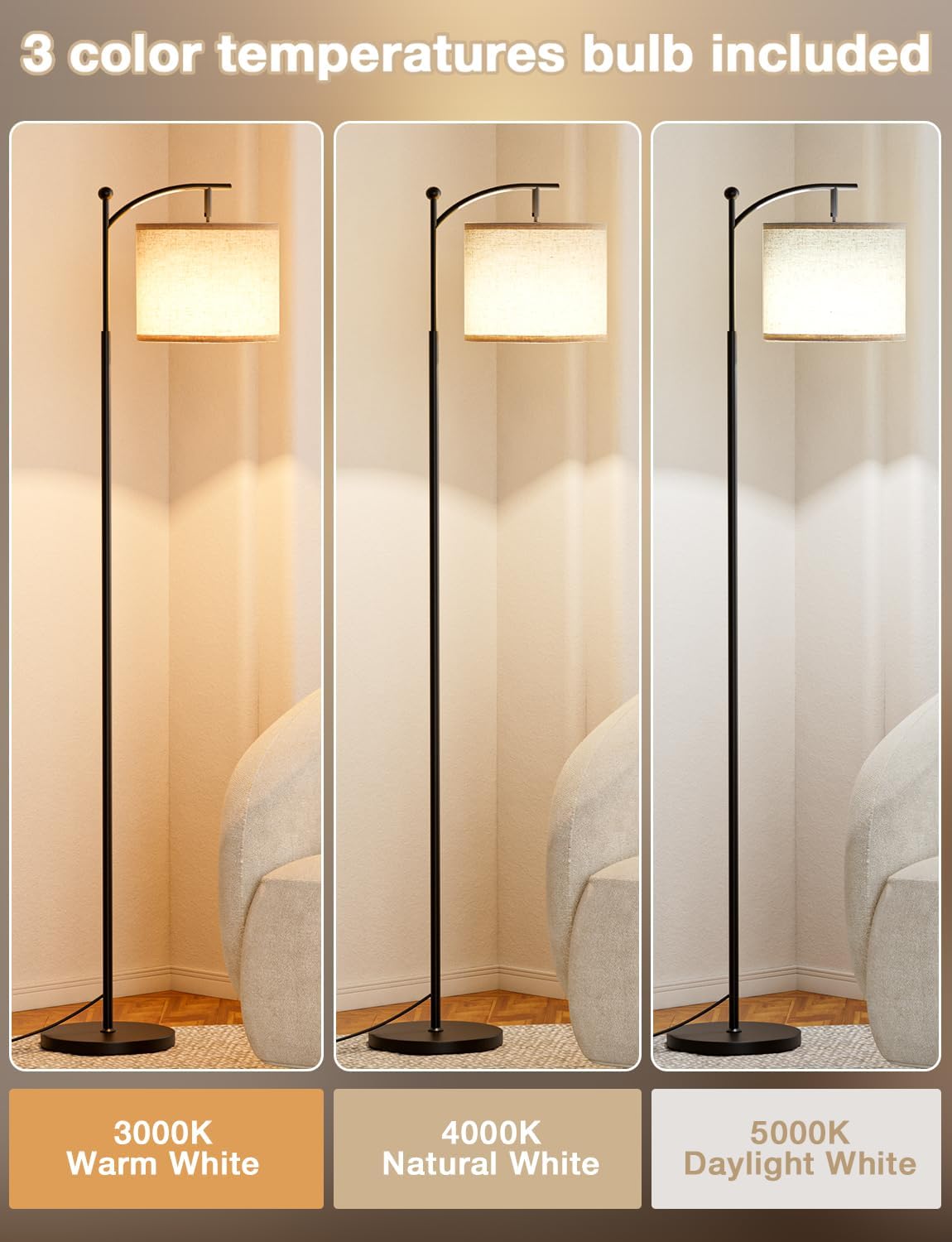 Lampadaire haut avec 3 températures de couleur – abat-jour en lin réglable, 60", pour salon, chambre, bureau et dortoir, ampoule incluse, beige et noir.