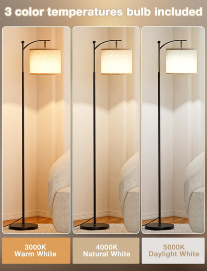 Lampadaire haut avec 3 températures de couleur – abat-jour en lin réglable, 60", pour salon, chambre, bureau et dortoir, ampoule incluse, beige et noir.