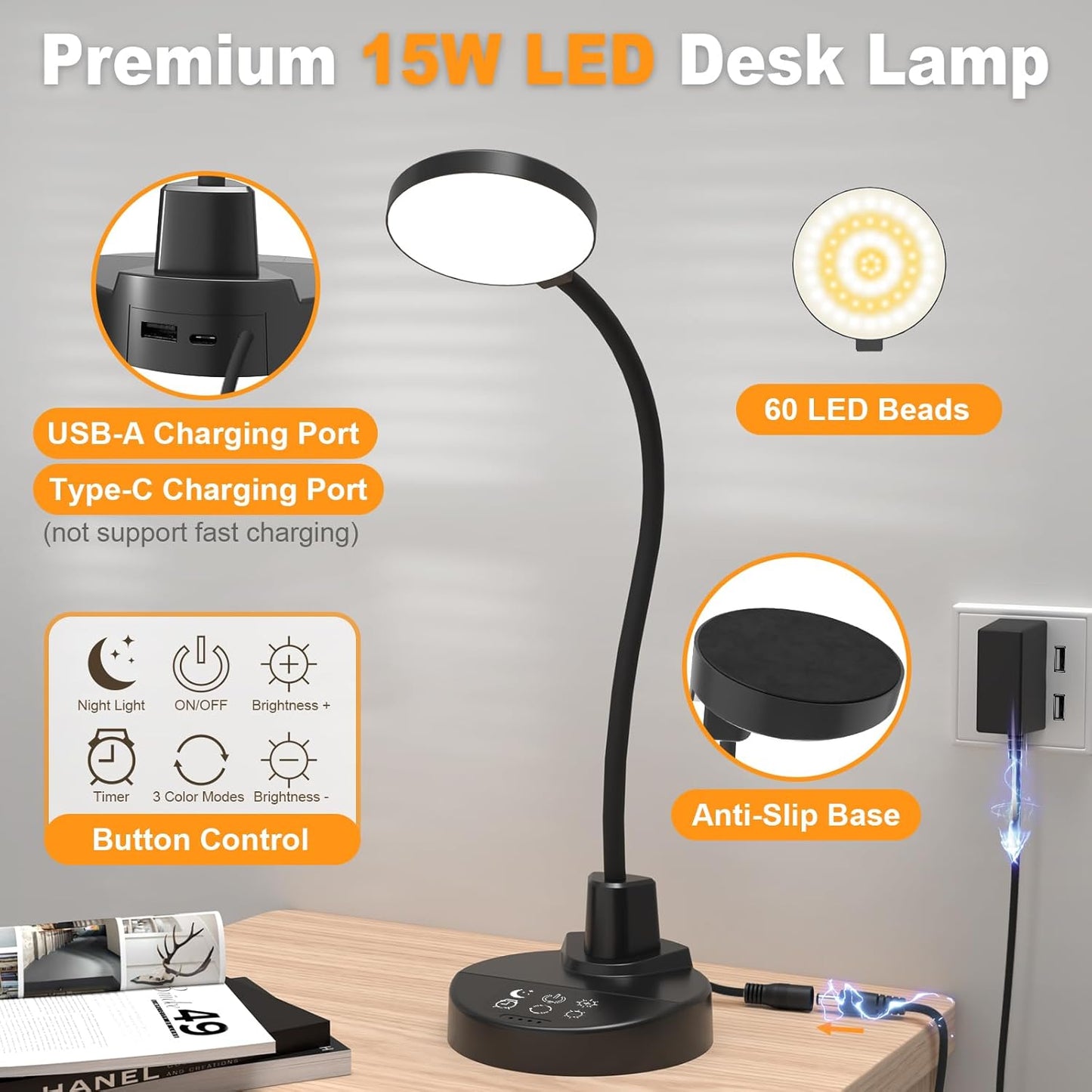 Bras de lampe flexible à col de cygne avec base, lampe de lecture protectrice pour les yeux, adaptée à la maison, au bureau, à la chambre et à la salle d’étude.