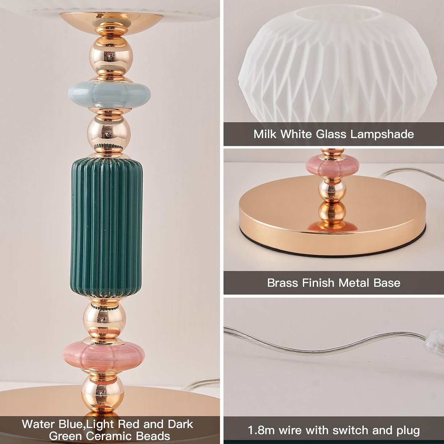Lampe de table moderne avec abat-jour en verre blanc laiteux, lampe de bureau en métal avec cordon d’alimentation et interrupteur à prise, pour chambre et salon.