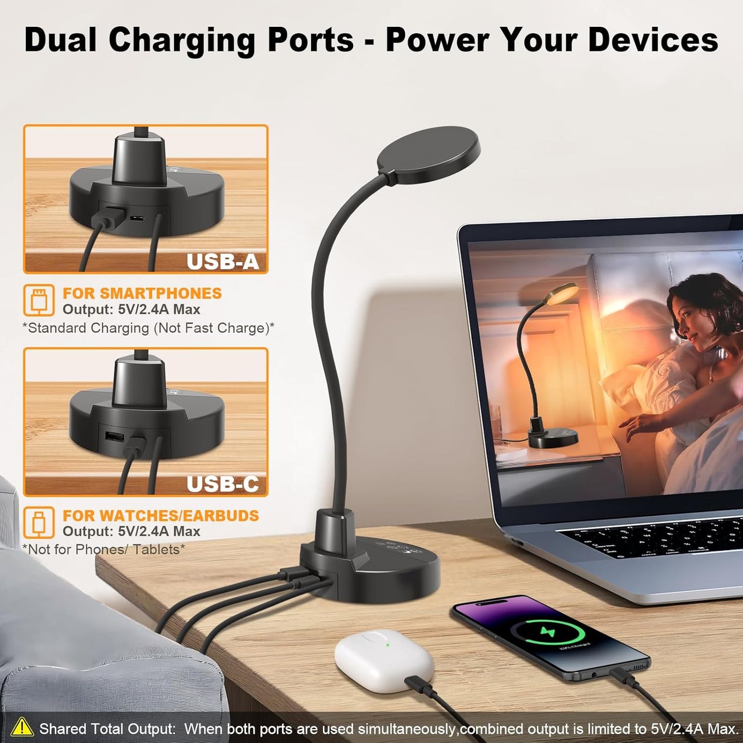 Bras de lampe flexible à col de cygne avec base, lampe de lecture protectrice pour les yeux, adaptée à la maison, au bureau, à la chambre et à la salle d’étude.