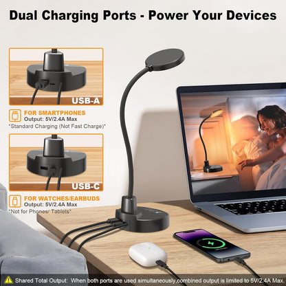 Bras de lampe flexible à col de cygne avec base, lampe de lecture protectrice pour les yeux, adaptée à la maison, au bureau, à la chambre et à la salle d’étude.