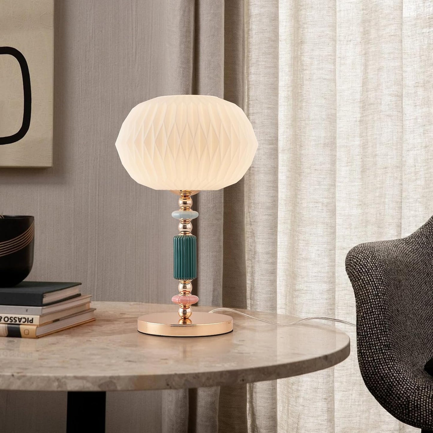 Lampe de table moderne avec abat-jour en verre blanc laiteux, lampe de bureau en métal avec cordon d’alimentation et interrupteur à prise, pour chambre et salon.