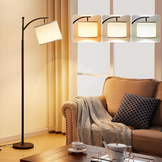 Lampadaire haut avec 3 températures de couleur – abat-jour en lin réglable, 60", pour salon, chambre, bureau et dortoir, ampoule incluse, beige et noir.