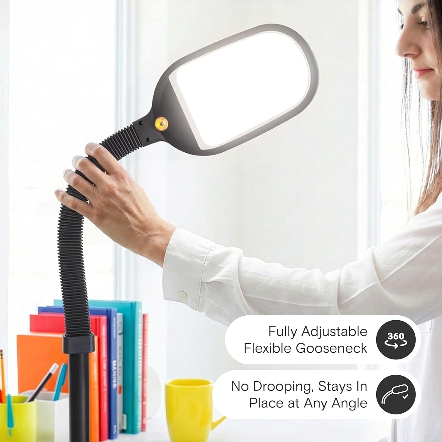 Lampadaire de lecture LED – lampe sur pied à col de cygne réglable pour la lecture, les loisirs créatifs et le bureau, noir.