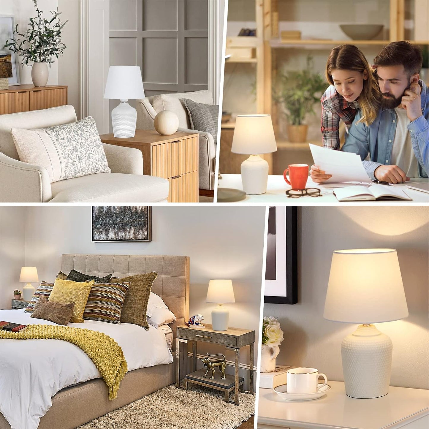 Lot de 2 petites lampes de table – lampes de chevet 11,8" pour chambre, chambre d’enfant, salon et bureau, base blanche à motif clouté.