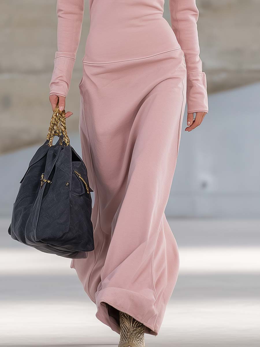 Robe maxi rose à col en V élégante, rétro, sportive, avec fermeture éclair devant et manches longues