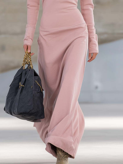Robe maxi rose à col en V élégante, rétro, sportive, avec fermeture éclair devant et manches longues
