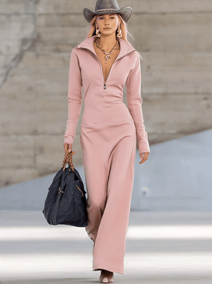 Robe maxi rose à col en V élégante, rétro, sportive, avec fermeture éclair devant et manches longues